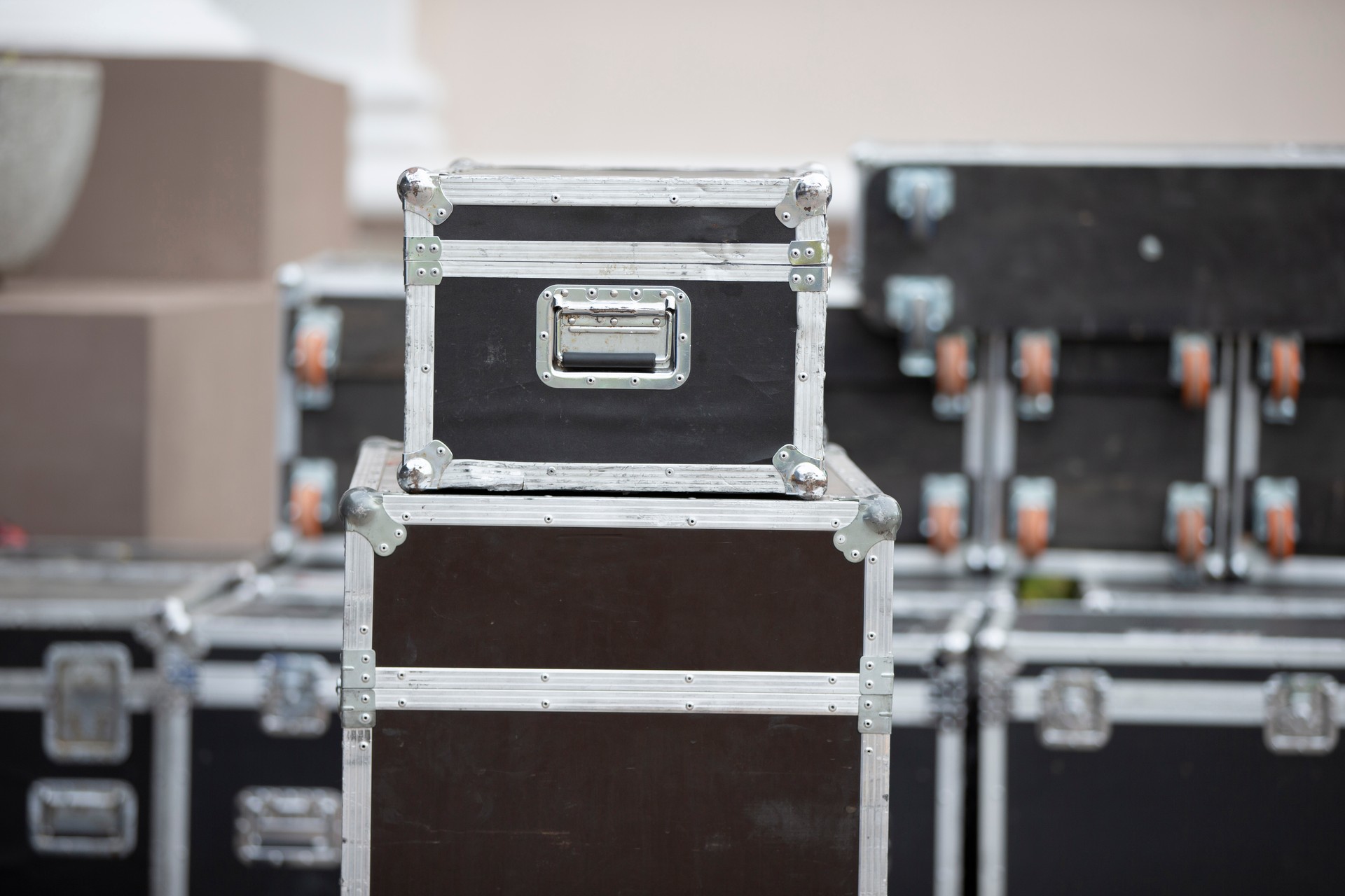 Case boxes for musical equipment. Professional stage equipment is packed in special boxes.